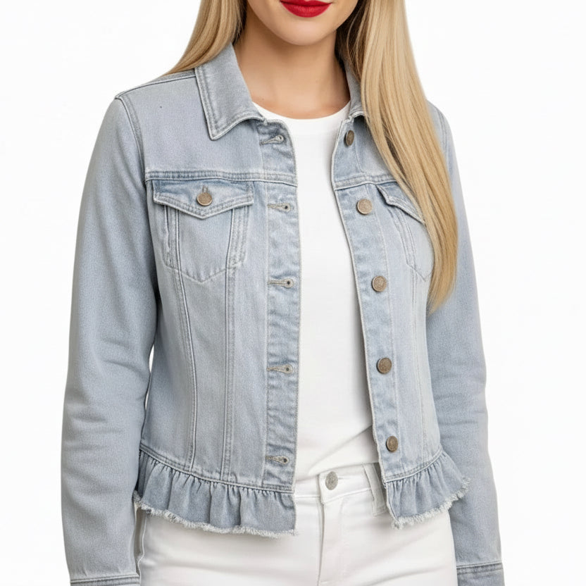 DREAMY DENIM LIGHT WASHED PEPLUM DETAIL DENIM JACKET
