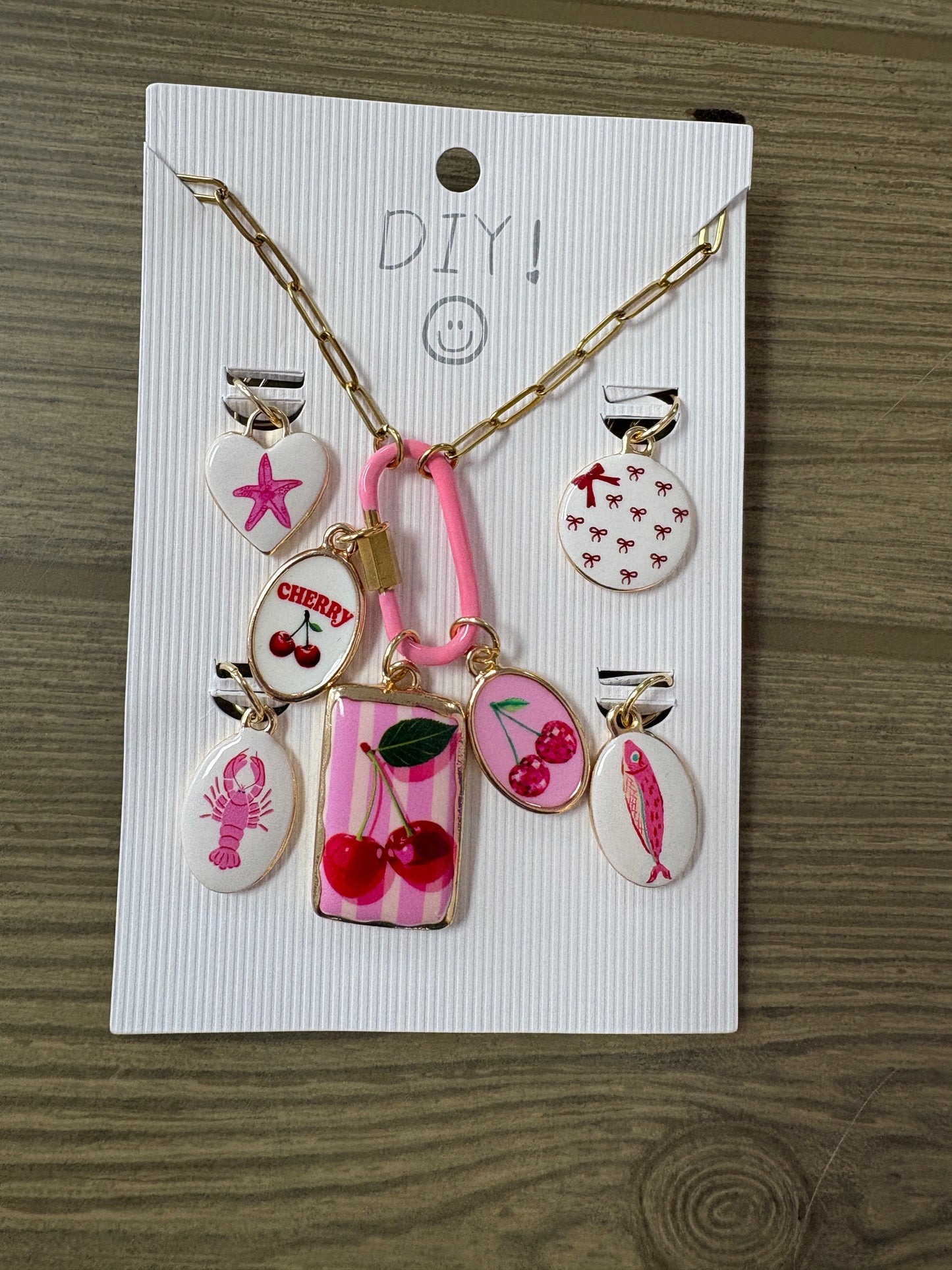 CHERRY STRIPE PAPERCLIP CHARM NECKALCE