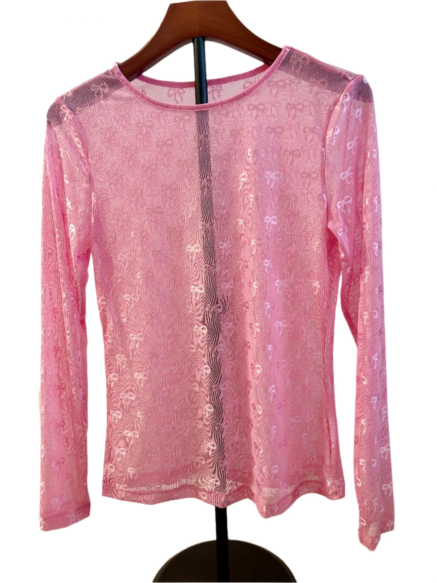 BOW PATTERN LONG SLEEVE SLIM FIT MESH TOP-PINK