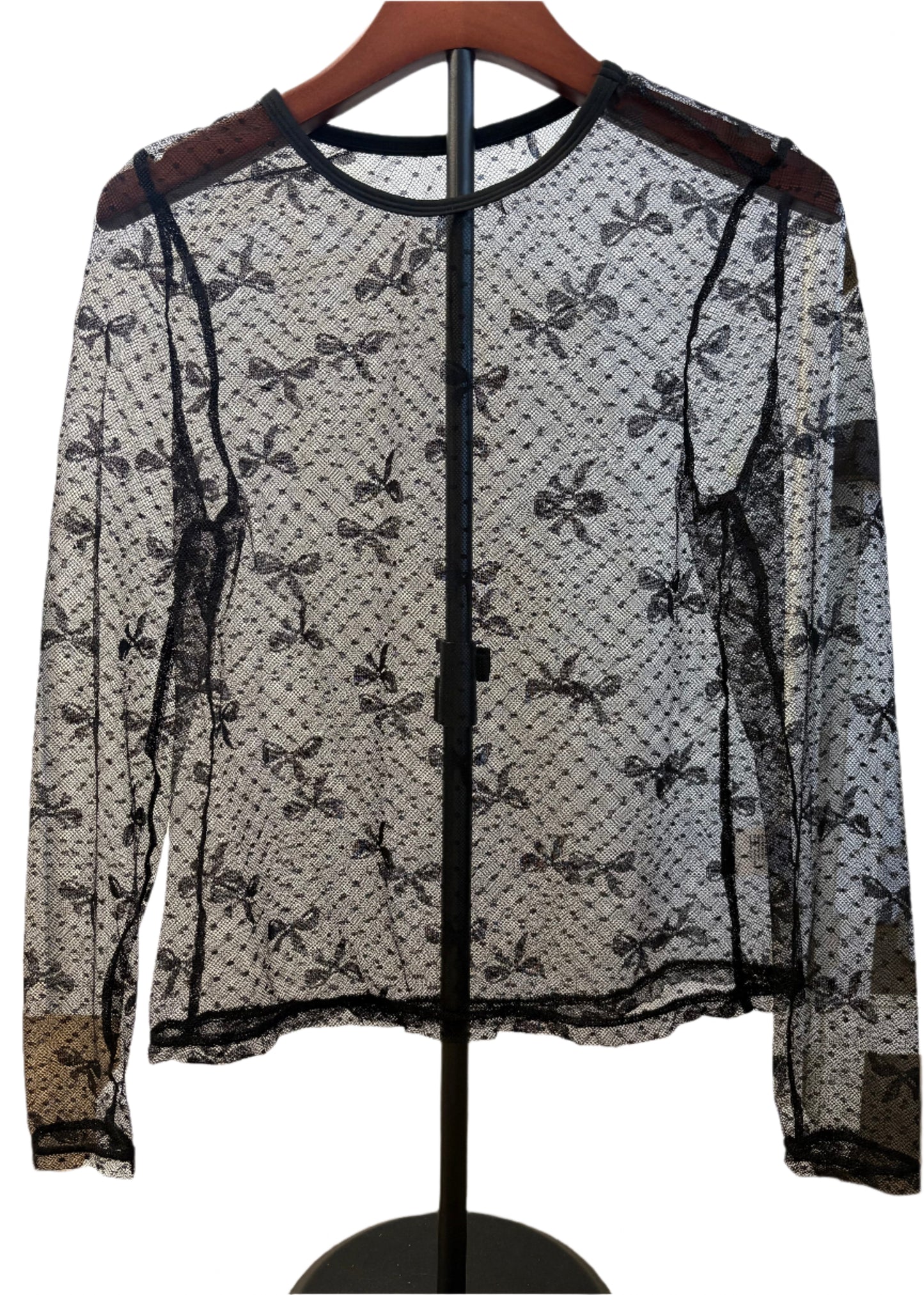 BOW PATTERN ACCENT MESH LONG SLEEVE TOP-BLACK