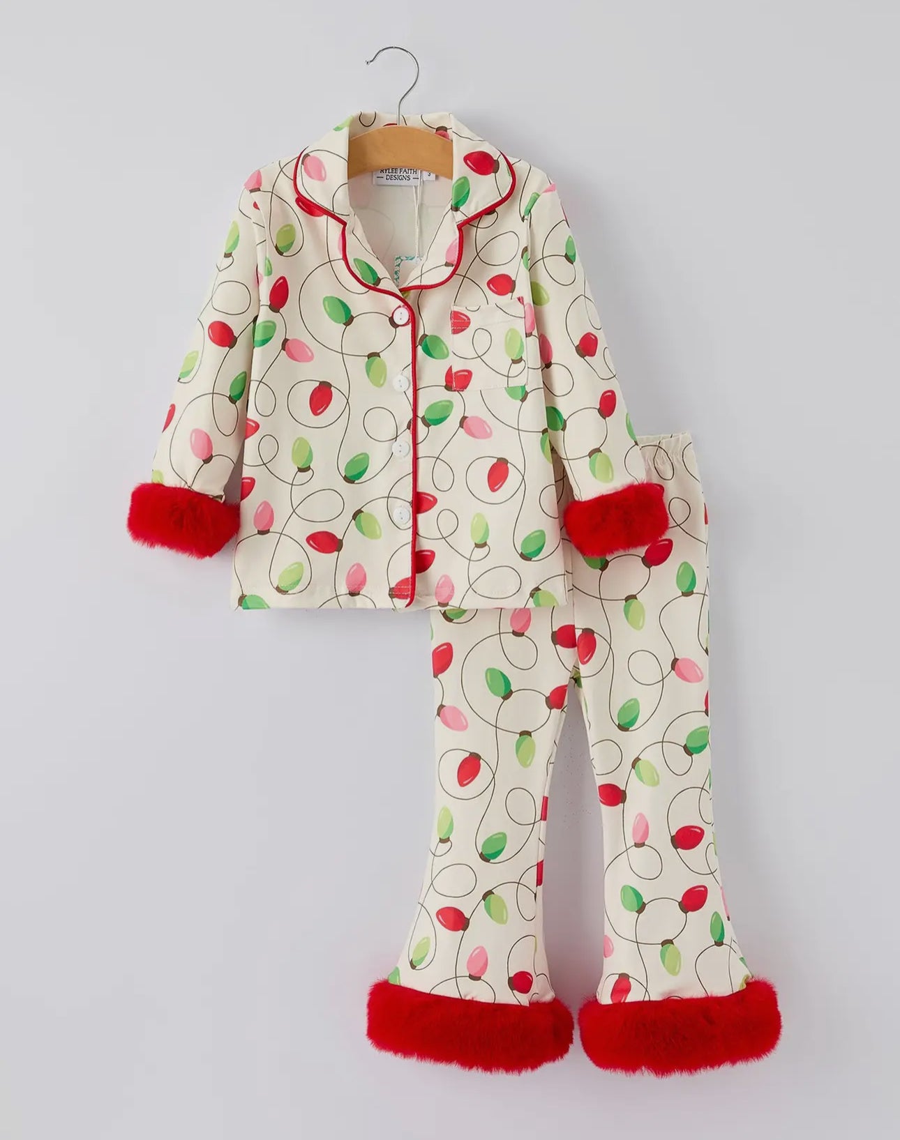 CHRISTMAS LIGHT PJ SET WITH FUR TRIM