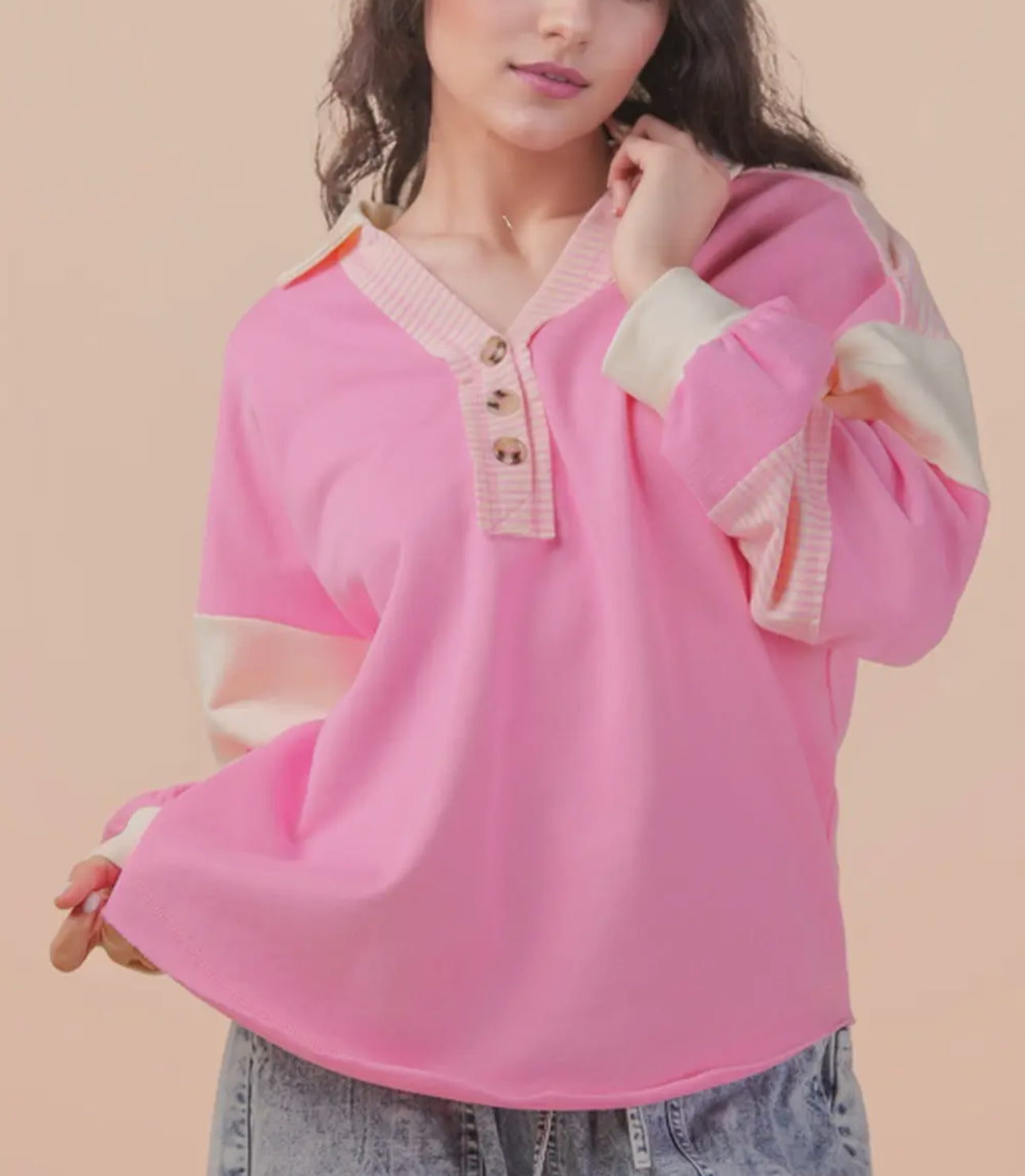 PINK COLOR BLOCKED KNIT PULLOVER