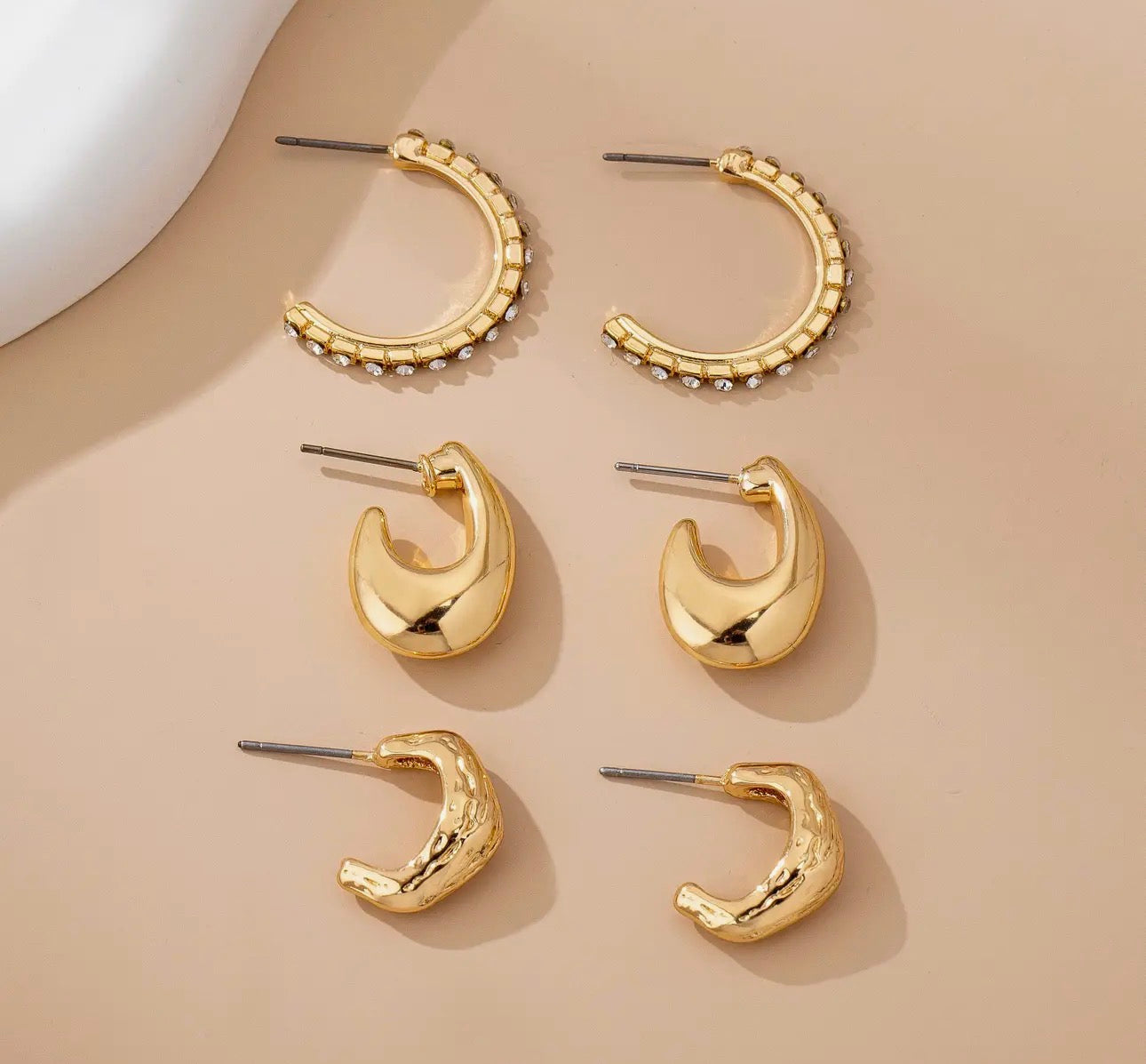 TAPERED RHINESTONEHUGGIE HOOP TRIO EARRINGS-GOLD