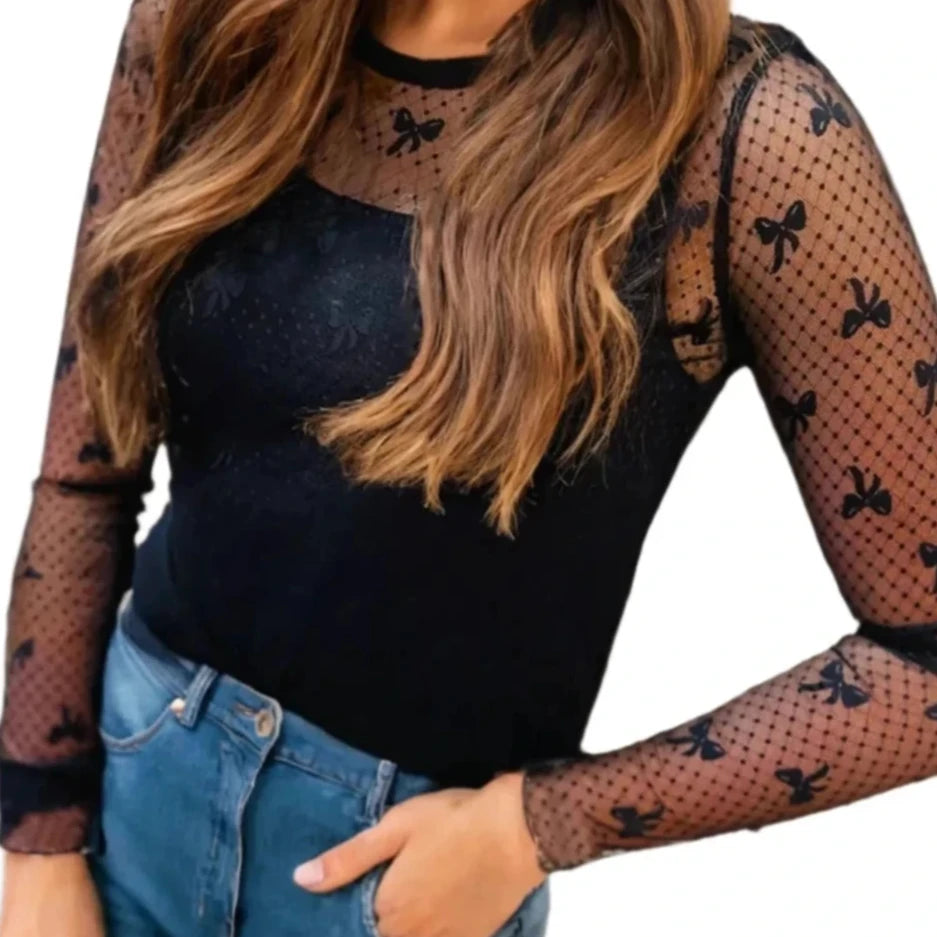 BOW PATTERN ACCENT MESH LONG SLEEVE TOP-BLACK