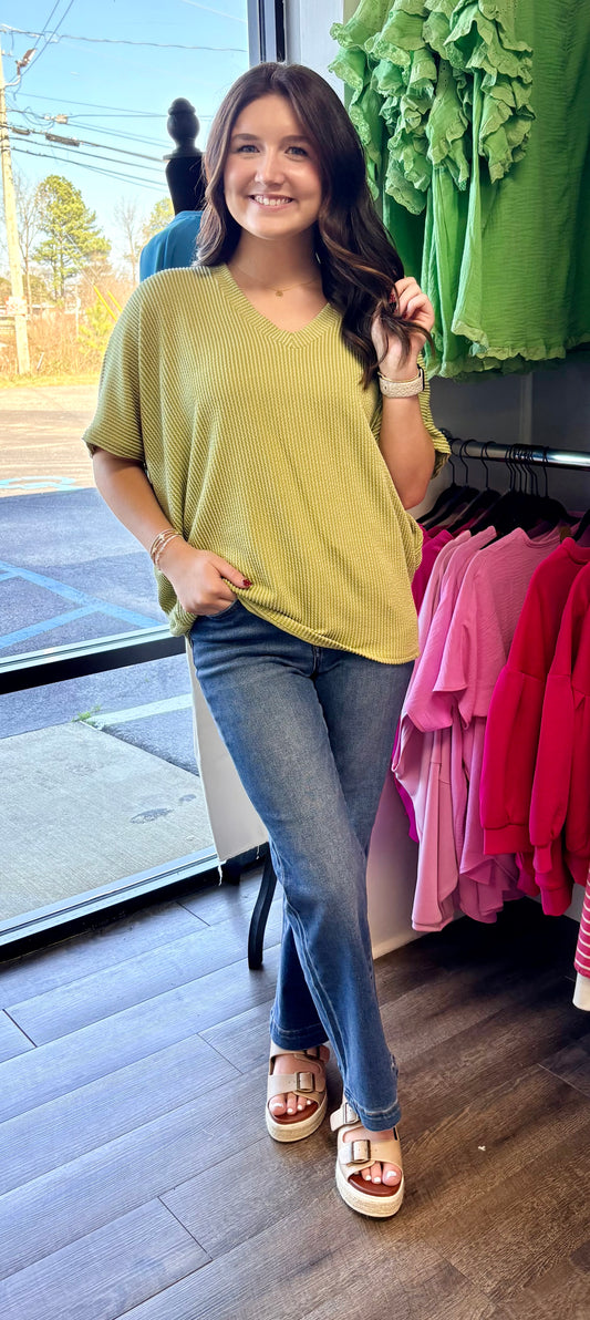 RIBBED DOLMAN V-NECK TOP