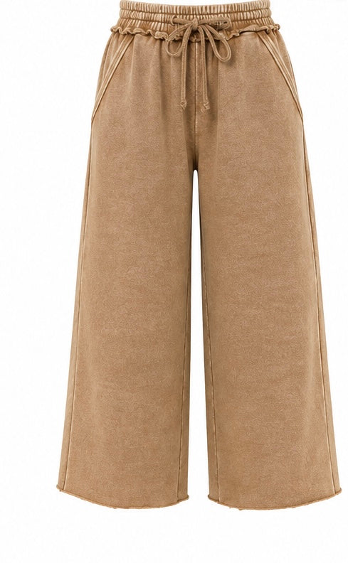 CAMEL ACID WASHED PALAZZO SWEATPANTS WITH POCKETS