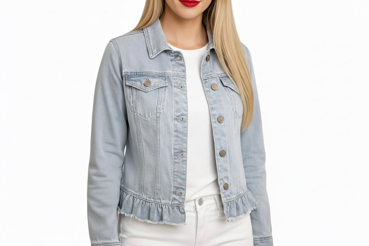 DREAMY DENIM LIGHT WASHED PEPLUM DETAIL DENIM JACKET