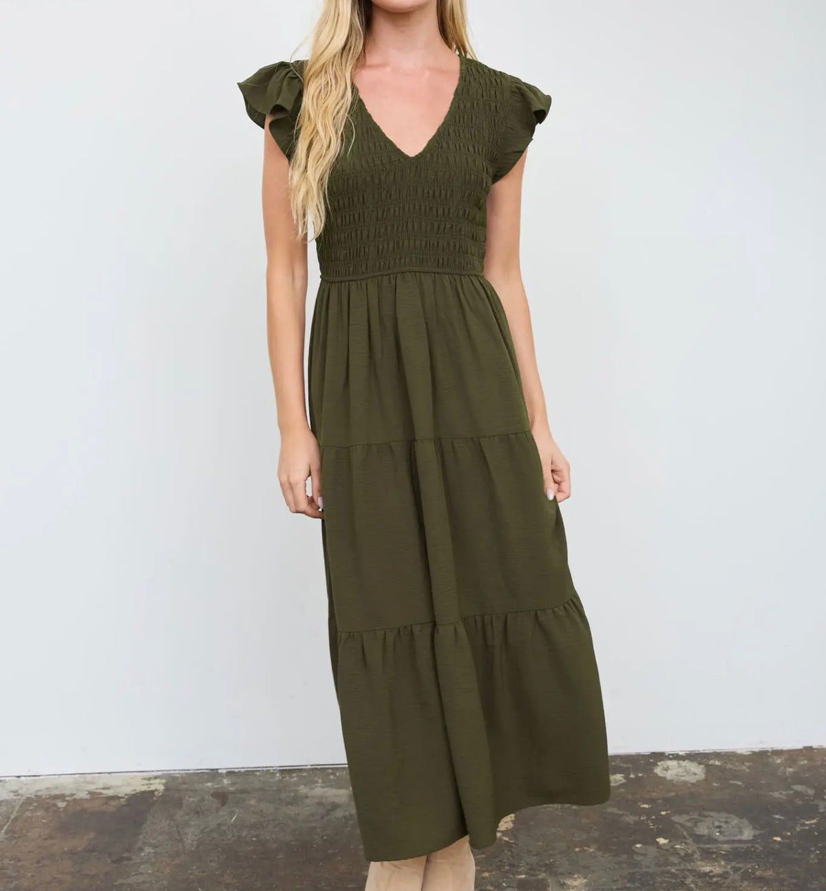 FLUTTER SLEEVE LINED MIDI DRESS OLIVE