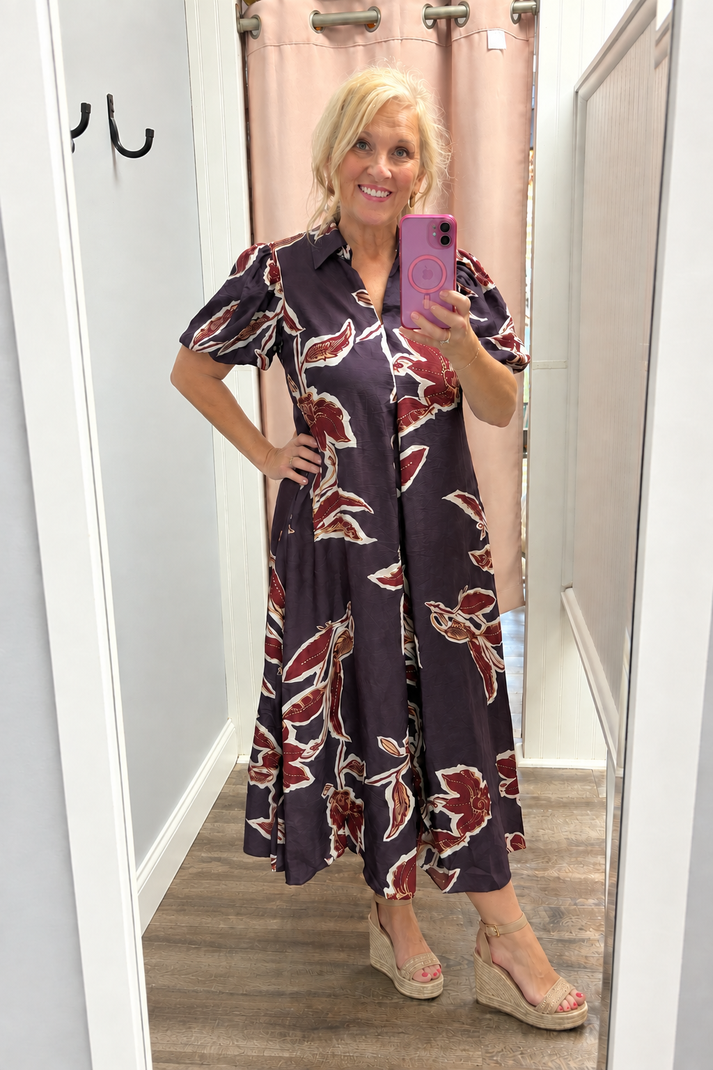 DEEP PLUM PRINT MIDI DRESS