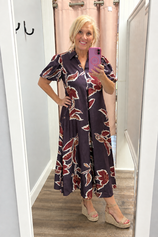 DEEP PLUM PRINT MIDI DRESS