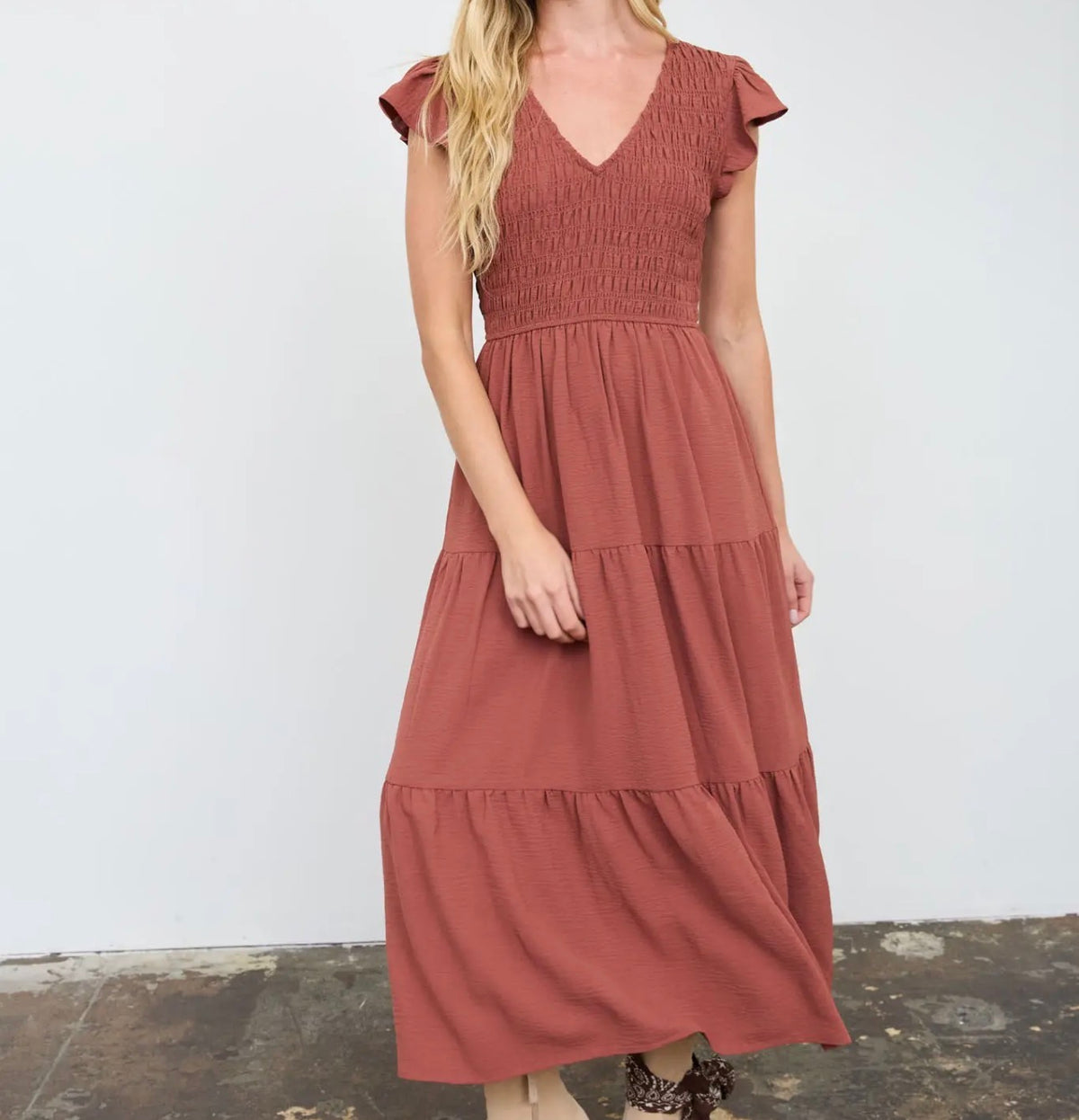 FLUTTER SLEEVE LINED MIDI DRESS BURNT ORANGE