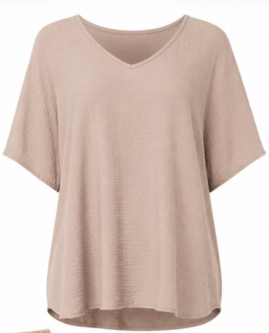 MOCHA WOVEN V-NECK TOP