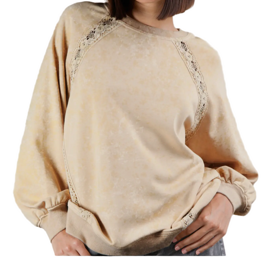 CAMEL  LACE TRIM MINERAL WASHED KNIT TOP