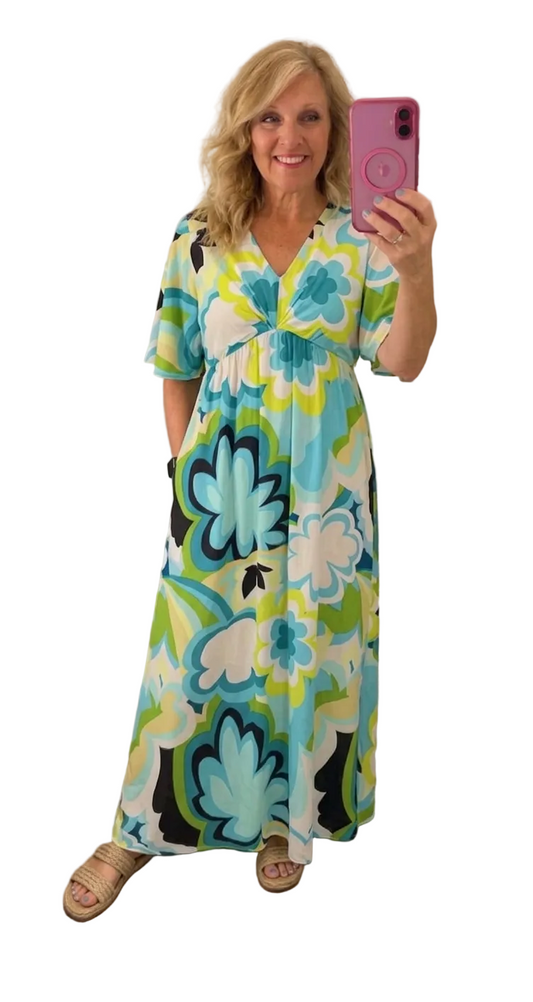 BLUE & YELLOW FLORAL PRINTED MAXI DRESS