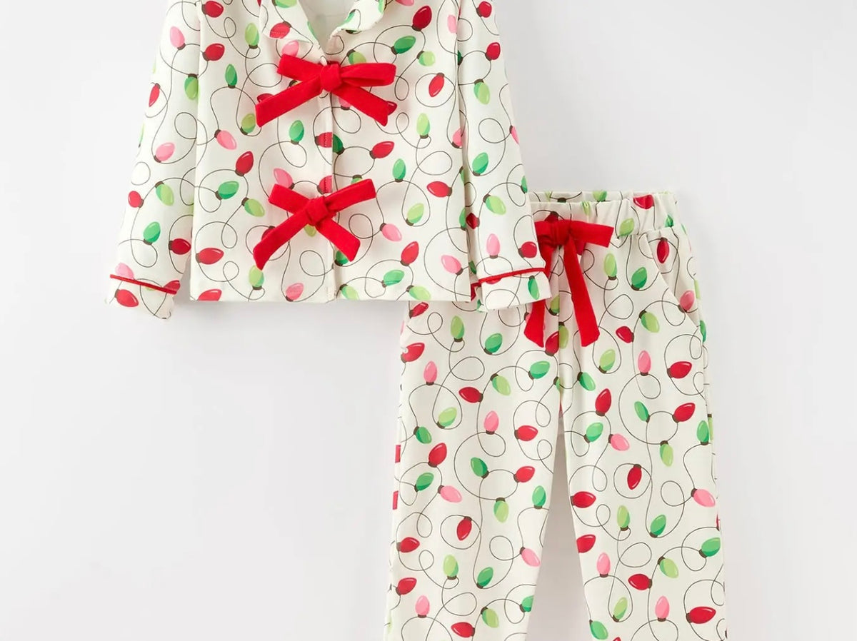 CHRISTMAS LIGHT /RED BOW PAjAMA SET