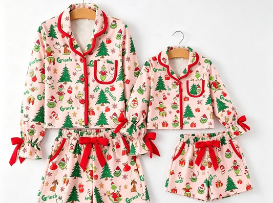 CHRISTMAS TREE CHARACTER RUFFLE PAJAMA SET