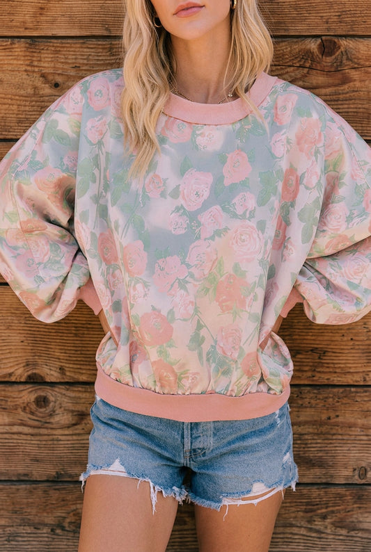 ROSE FLORAL DOLMAN SLEEVE PULLOVER/SWEATSHIRT