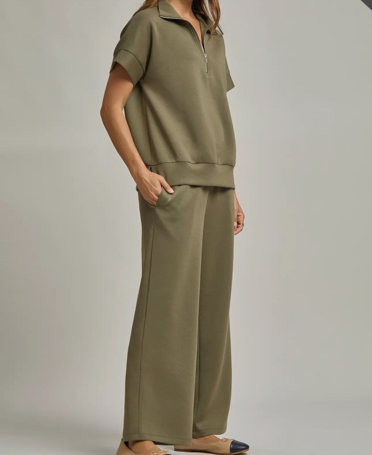 SHORT SLEEVE QUARTE ZIP SET: OLIVE