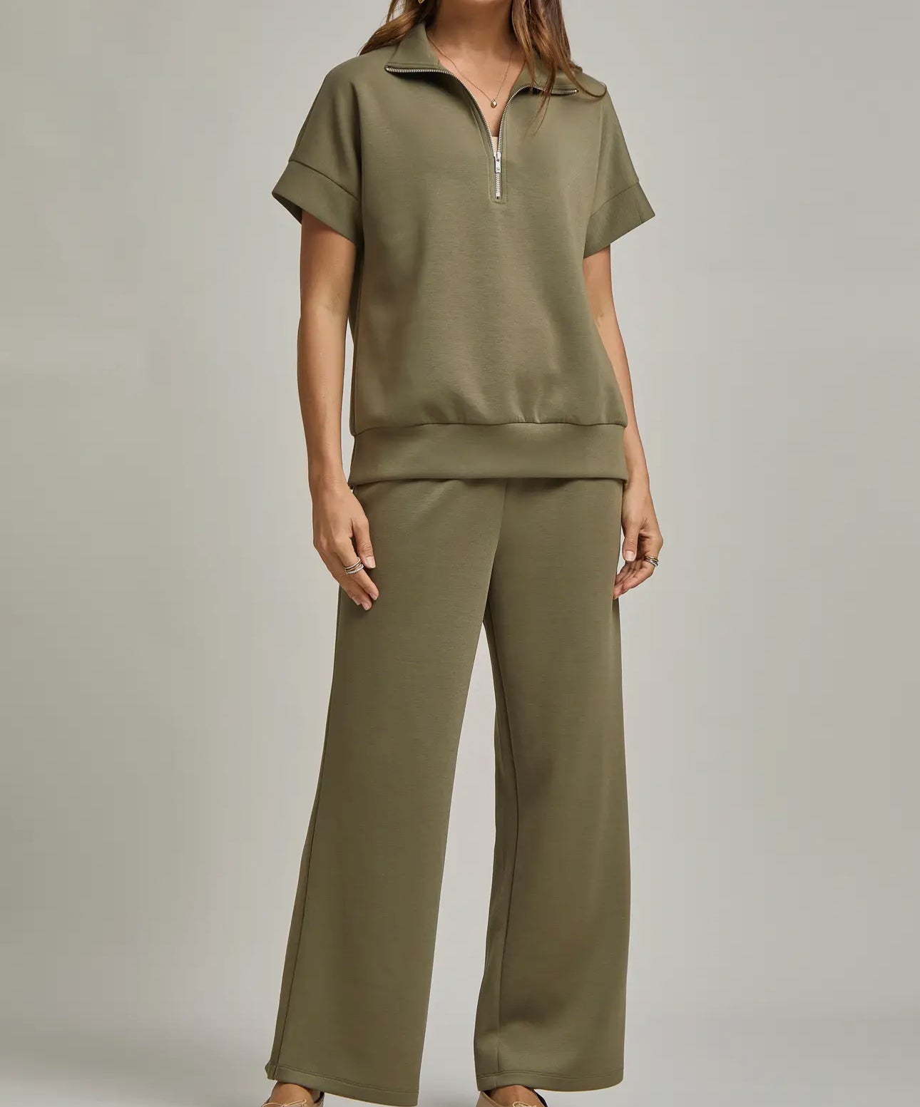 SHORT SLEEVE QUARTE ZIP SET: OLIVE