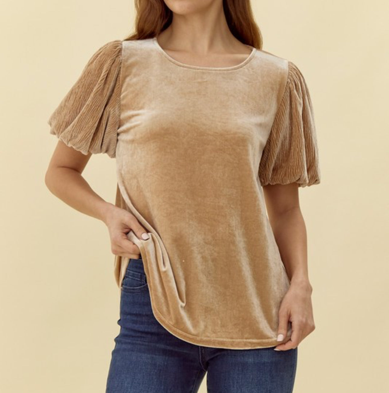 PLUS SIZE VELVET WRINKLE PUFF SLEEVE TOP