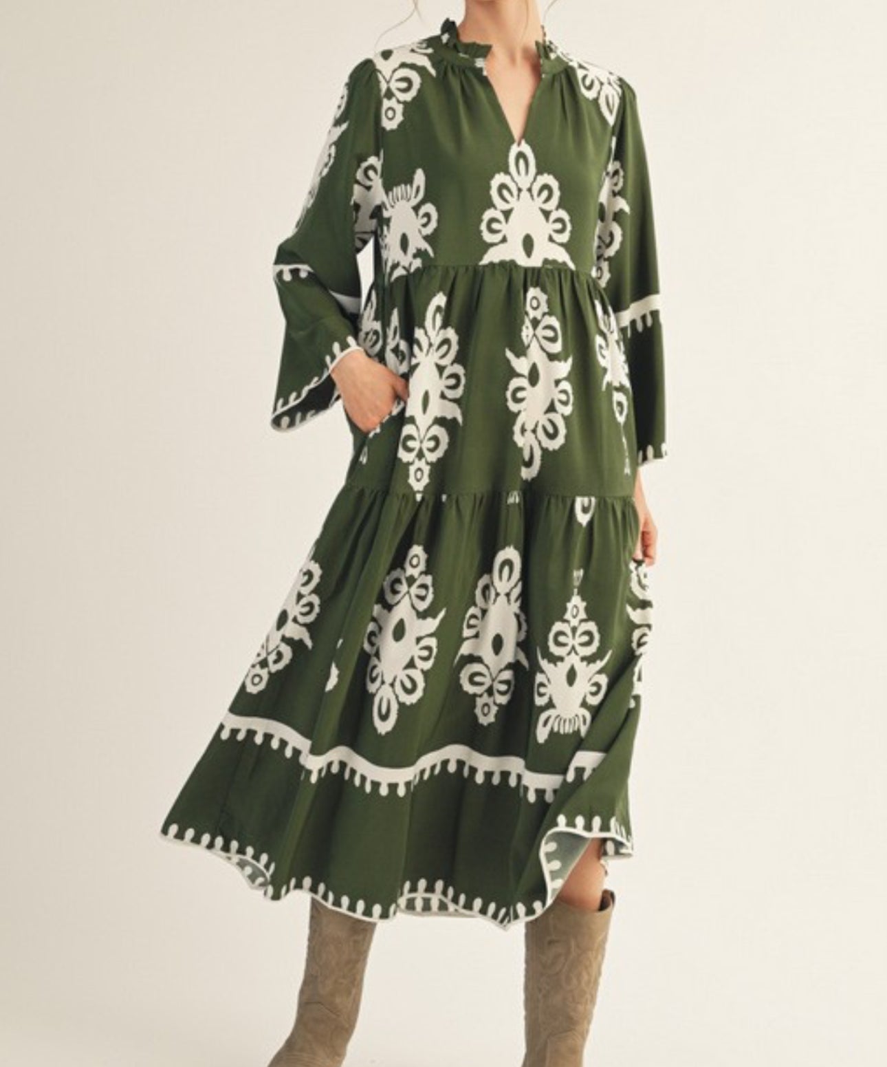 DAMASK BORDER PRINT MIDI DRESS