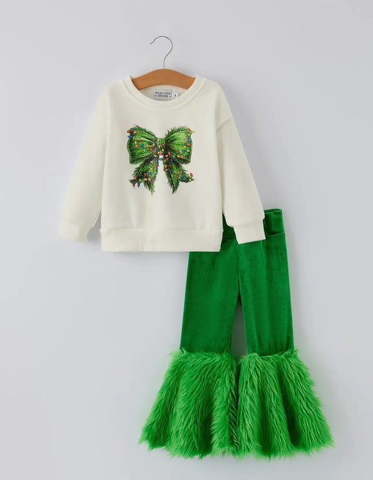 CHRISTMAS BOW PRINT WITH FURRY BELL BOTTOMS