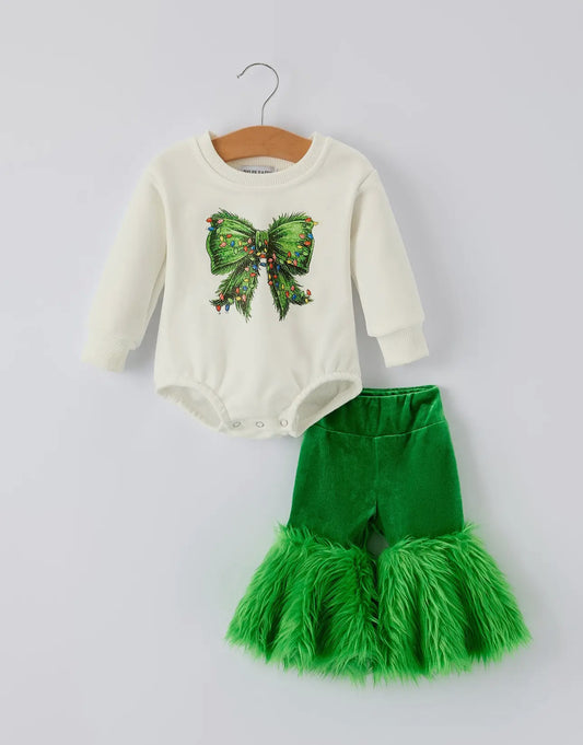 CHRISTMAS BOW PRINT WITH GREEN FURRY BELL BOTTOMS