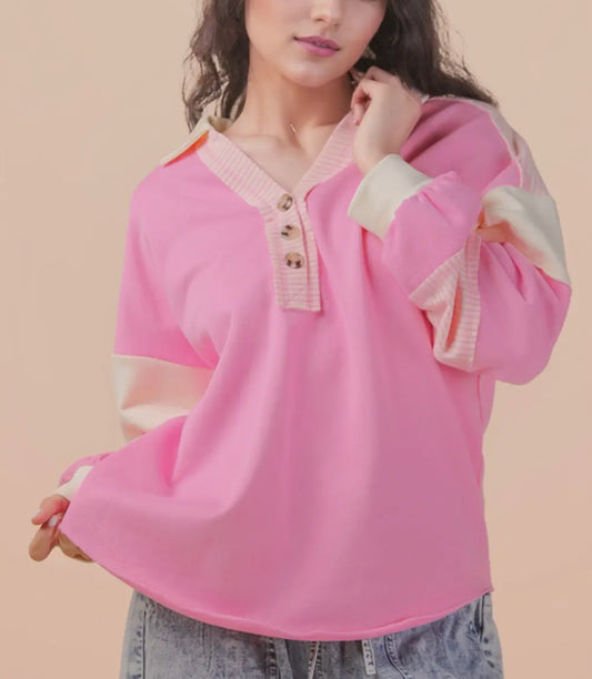 PINK COLOR BLOCKED KNIT PULLOVER