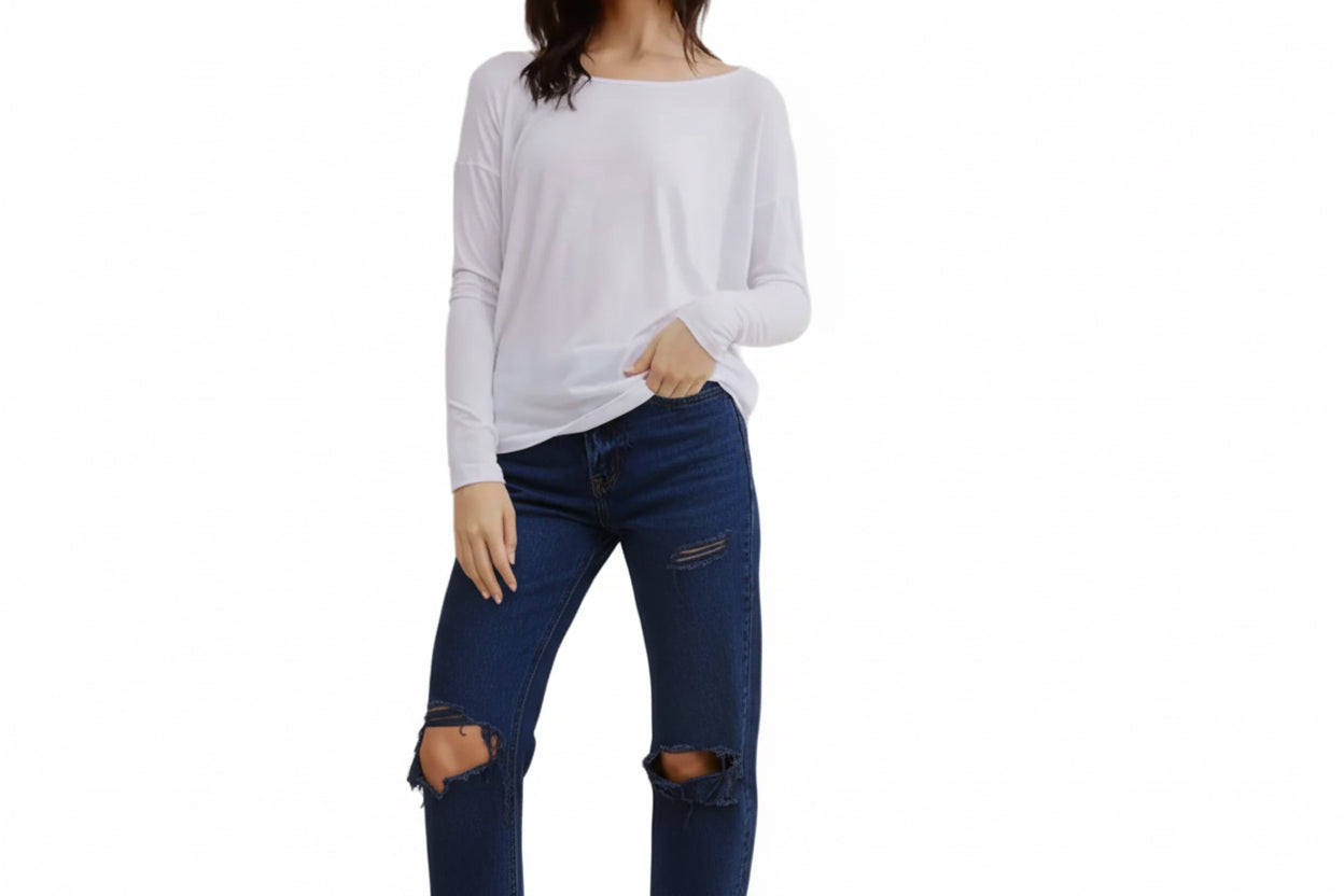 WHITE BLOSSOM DOLMAN SCOOP NECK TOP