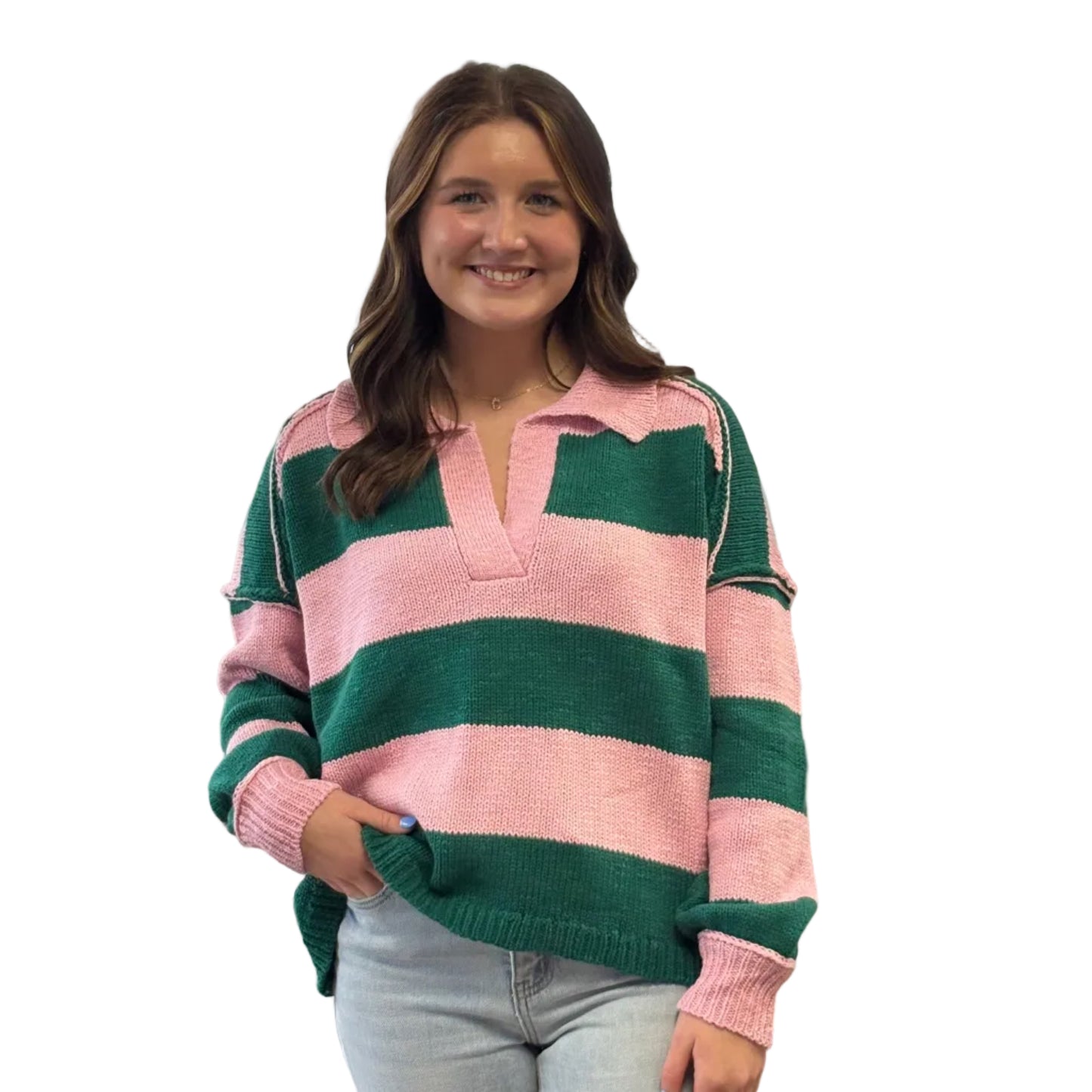 PINK & GREEN STRIPED COLLARED SWEATER