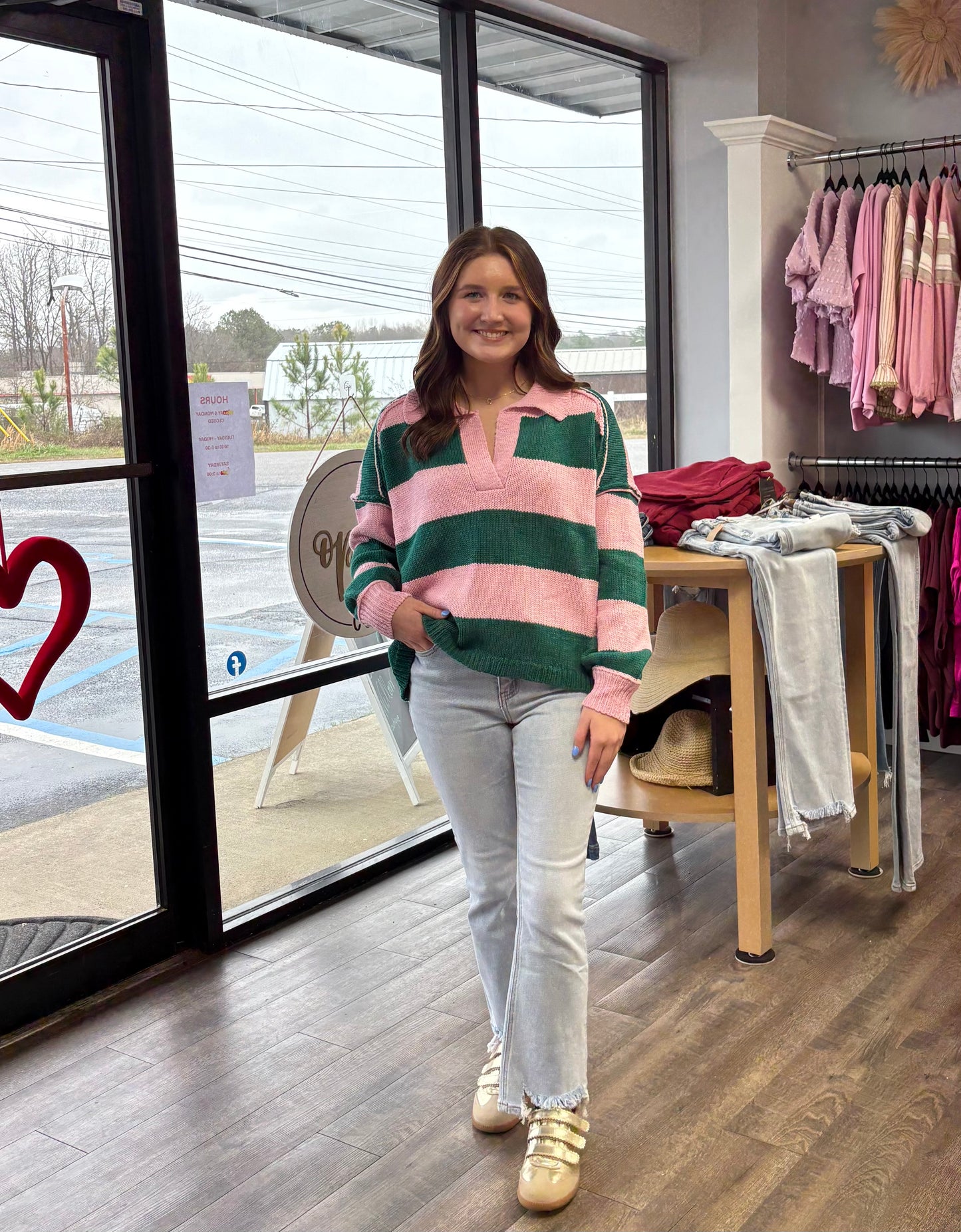 PINK & GREEN STRIPED COLLARED SWEATER