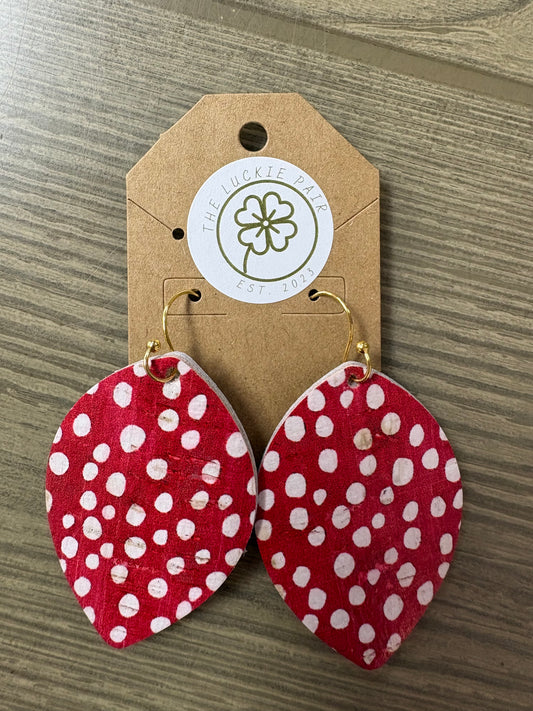 EARRINGS:LEATHER RED AND WHITE TEARDROPS