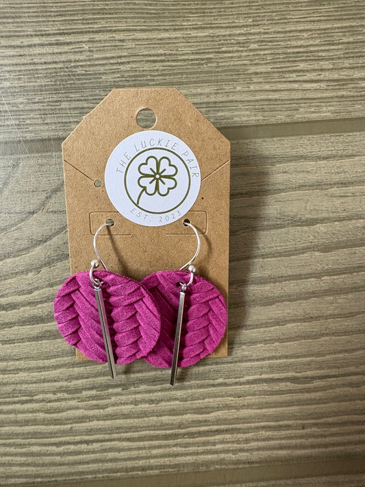 EARRINGS:LEATHER PINK & SILVER CIRCLES