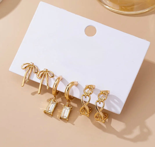 BOW & BAGUETTE STONE HOOP  TRIO EARRINGS-GOLD