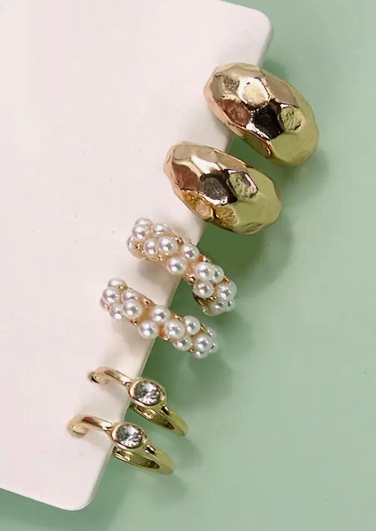 TRIO PEARL DIAMOND HOOP HUGGIE EARRINGS-GOLD