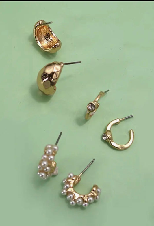 TRIO PEARL DIAMOND HOOP HUGGIE EARRINGS-GOLD