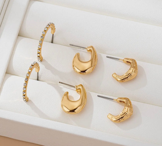 TAPERED RHINESTONEHUGGIE HOOP TRIO EARRINGS-GOLD