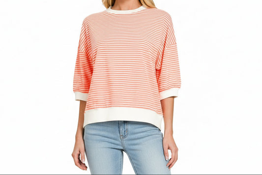 CORAL & WHITE STRIPPED  PULLOVER