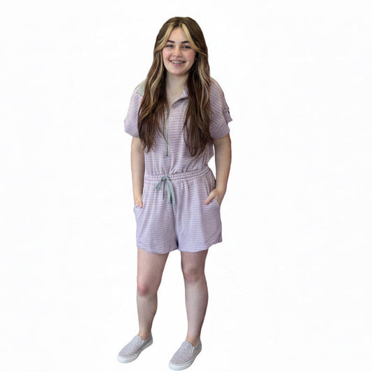 PURPLE & GRAY BUTTER KNIT STRIPPED ZIP ROMPER