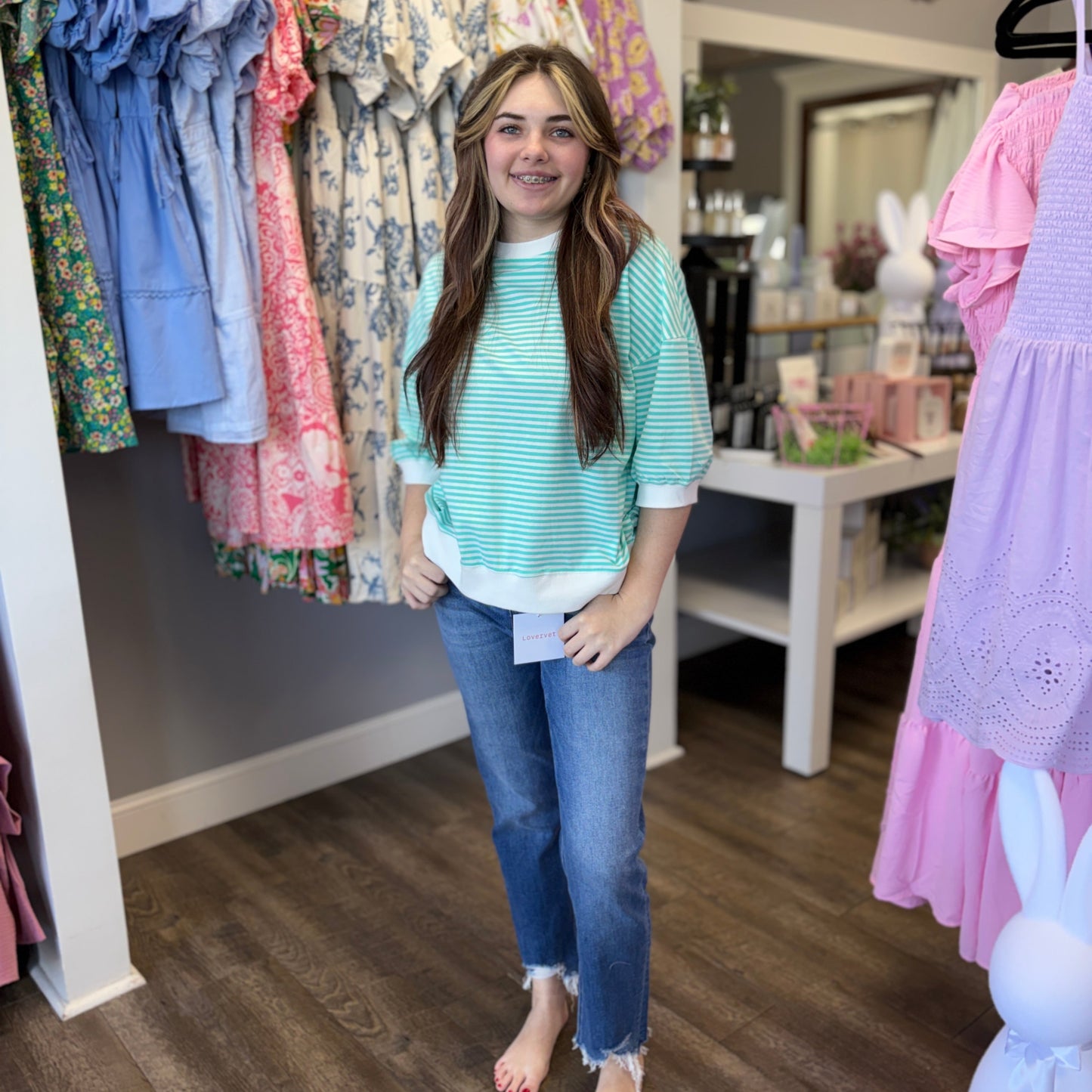 MINT & WHITE STRIPED PULLOVER