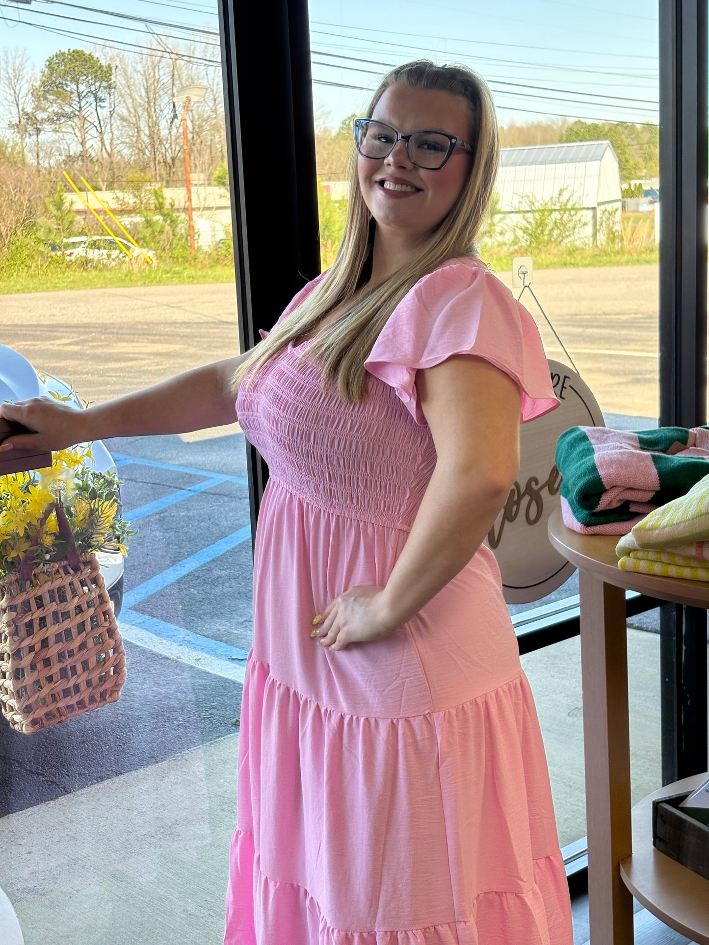 PINK FLUTTER SLEEVE  DRESS