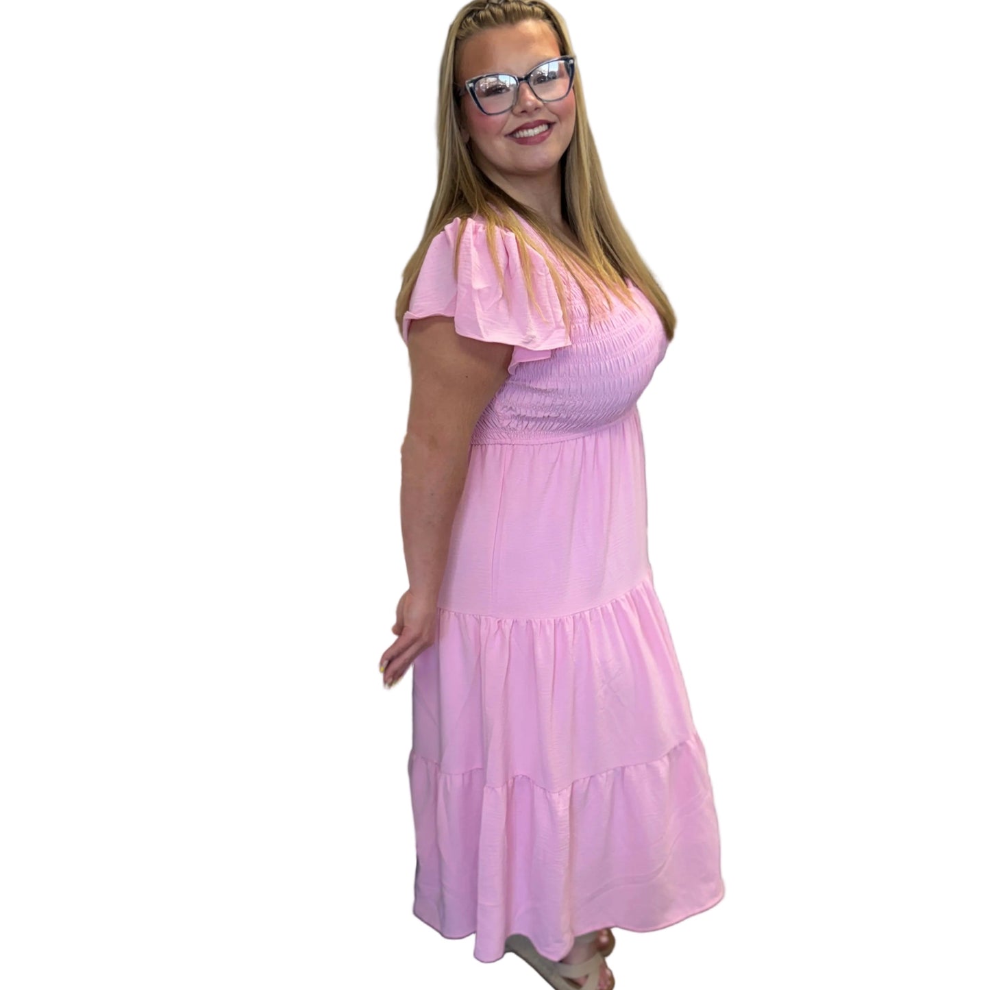 PINK FLUTTER SLEEVE  DRESS