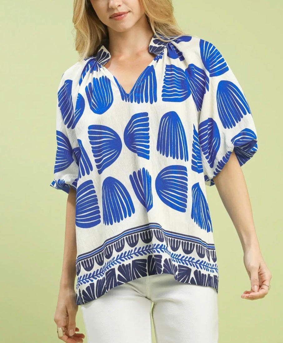 BLUE MIX PRINTED V NECK TOP