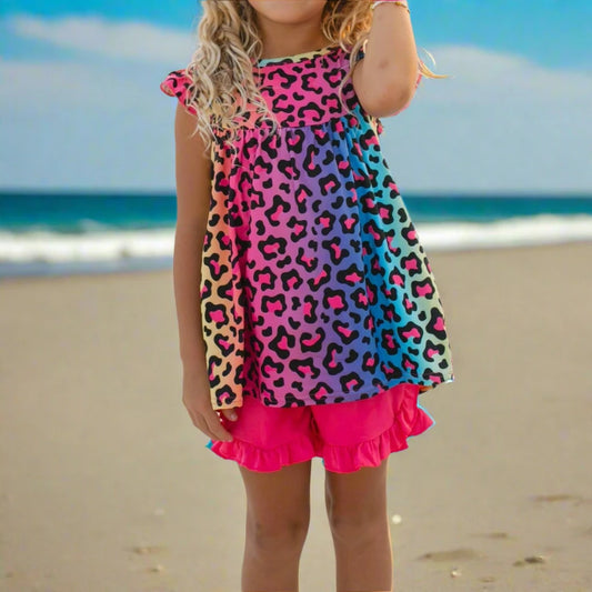 VIBRANT RAINBOW LEOPARD RUFFLE SHORT SET