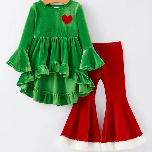 Christmas Embroidered Velvet Girls Outfits Set
