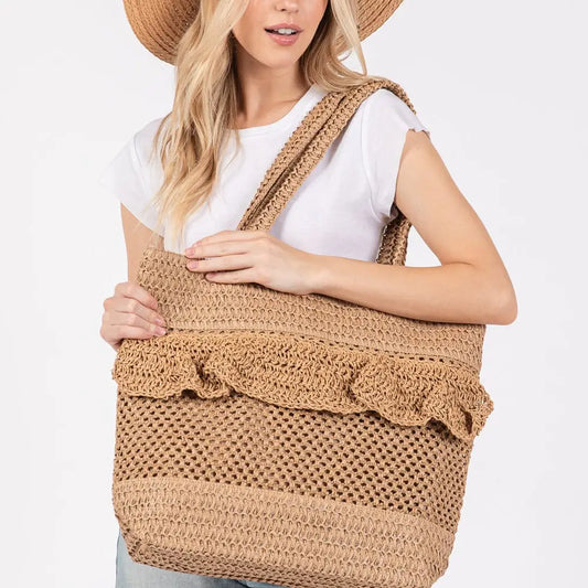 RUFFLE DETAIL CROCHET STRAW TOTE BAG