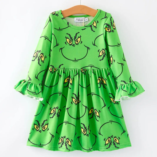 Christmas Green Cartoon Characters Print Girls Dress