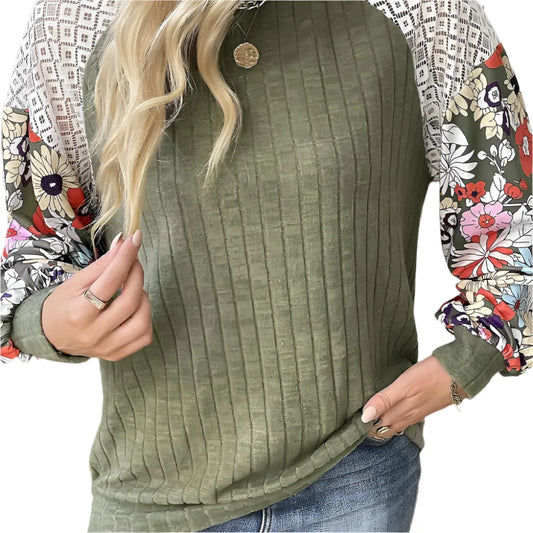 FLORAL PATCHWORK RIBBED BLOUSE